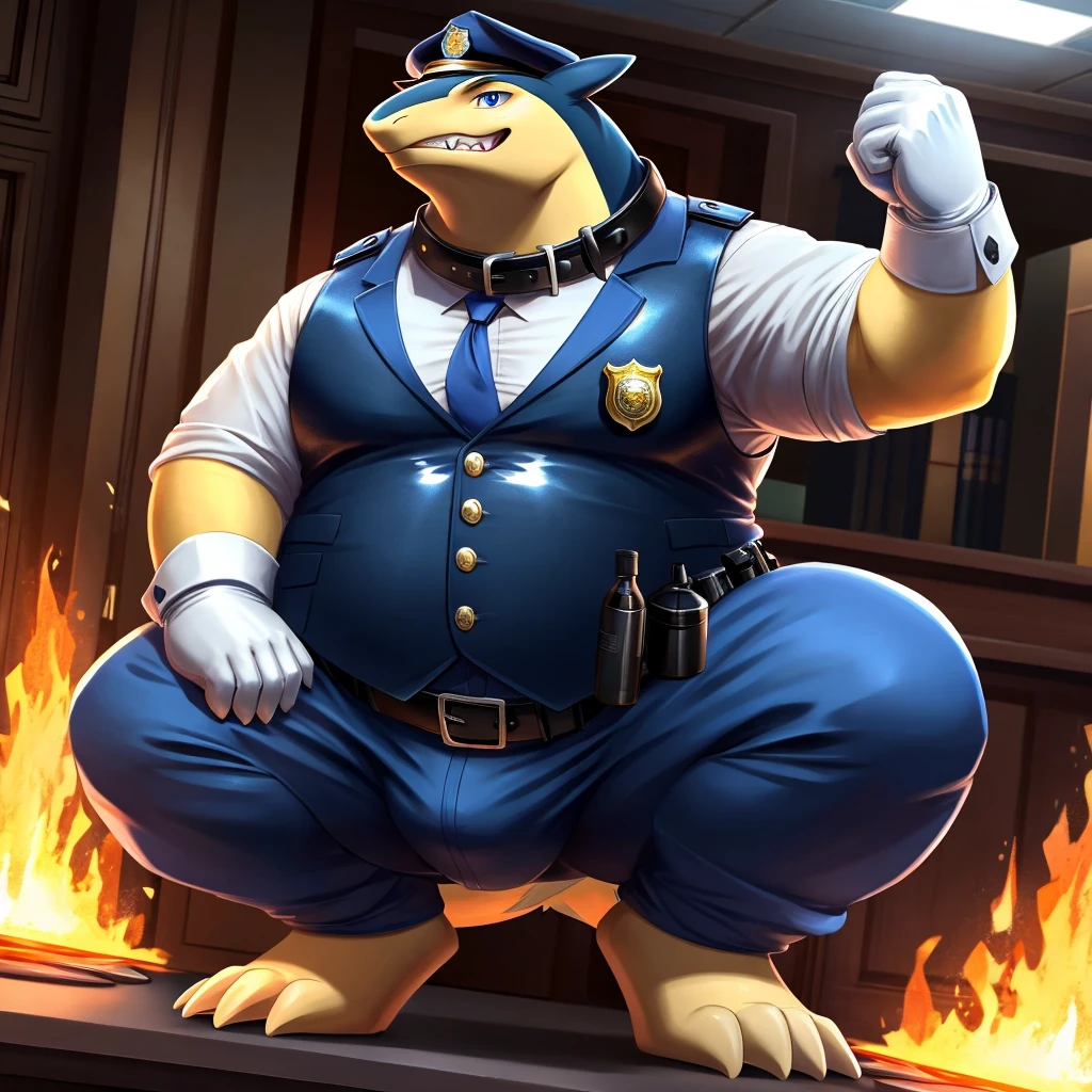 Solo, Male, fat, squatting, extremely obese, gentleman, dapper Professor Typhlosion, blue eyes, (soft shading), 4k, hi res, ((detailed face, detailed)), looking at viewer, evil grin, police station, collared shirt with buttons, hat, male focus, Police Uniform, glasses, monocle, vest with buttons, sleeves rolled up, round eyewear, headwear, vest, Typhlosion is wearing a glossy leather dog collar around the neck, Typhlosion is wearing the leather collar and shirt and vest at the same time, Typhlosion is wearing glossy white rubber gloves on the hands, wearing white rubber gloves on the feet, Typhlosion is wearing glossy white cuffs around the wrists with cufflinks, gloves are rubber in texture, clenching teeth, clenching fists, leather collar is glossy and shiny with a lot of detail, Typhlosion is wearing gloves and cuffs and cufflinks at the same time, leather collar has a round dog-tag, leather collar is thick and detailed.