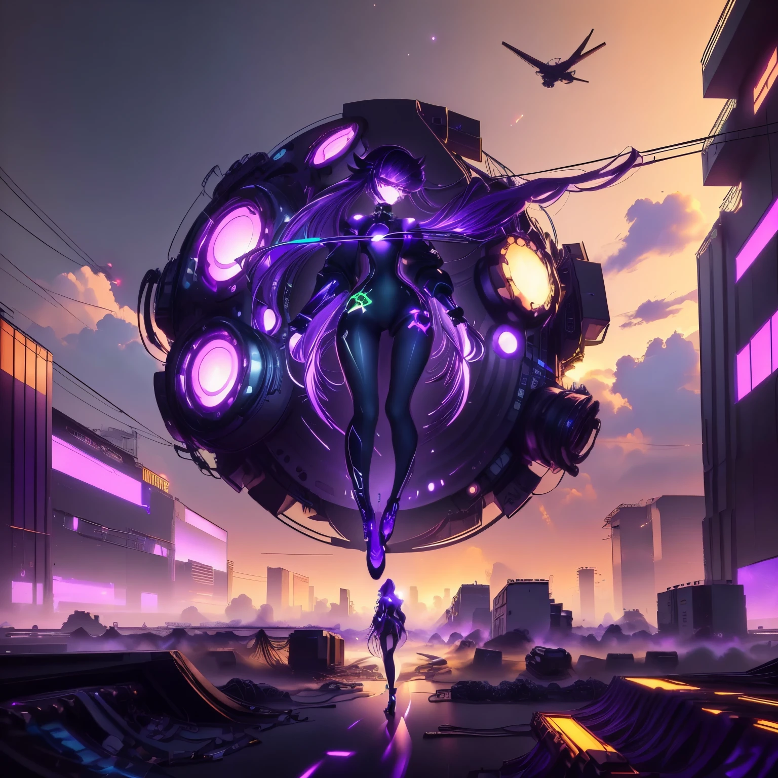 anime girl with purple hair and green and purple outfit, vibrant rossdraws cartoon, cyberpunk anime digital art, high quality digital concept art, colorful concept art, pintura digital rossdraws, advanced anime digital art, digital concept art illustration, detailed anime digital art, Wlop Ross draws, Ross Draws 1. 0, :: rossdraws, digital anime art