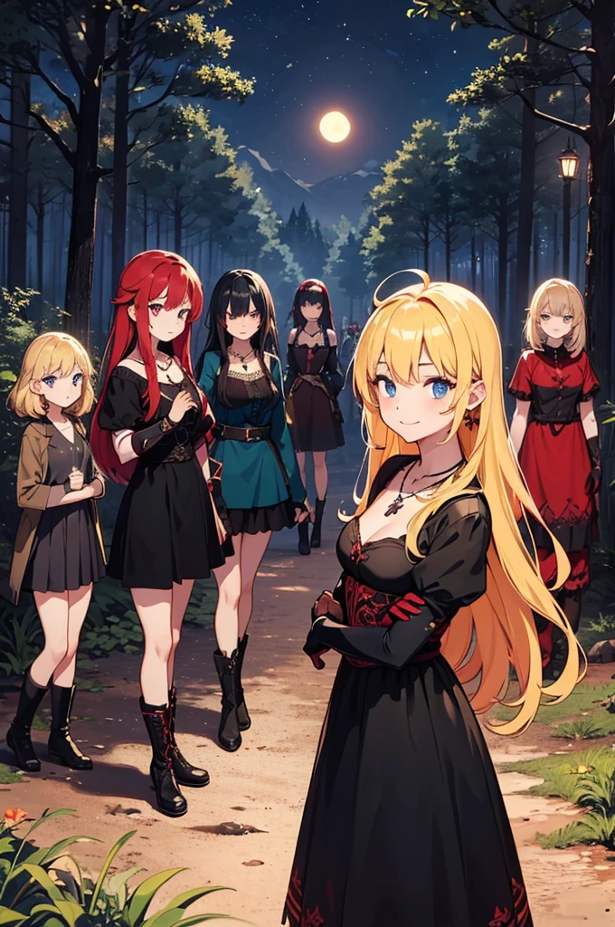 a group of beautiful witch girls in the middle of a forest in the night, tribal tattoo ,multiple girls, five girls, red and blonde hair , standing girl young girl, gloves, elbow pads, boots, smiles, small breasts, long black dress, necklaces, jewelry decorations , black red hair , red hair , black hair , blonde hair, blue eyes, full body,