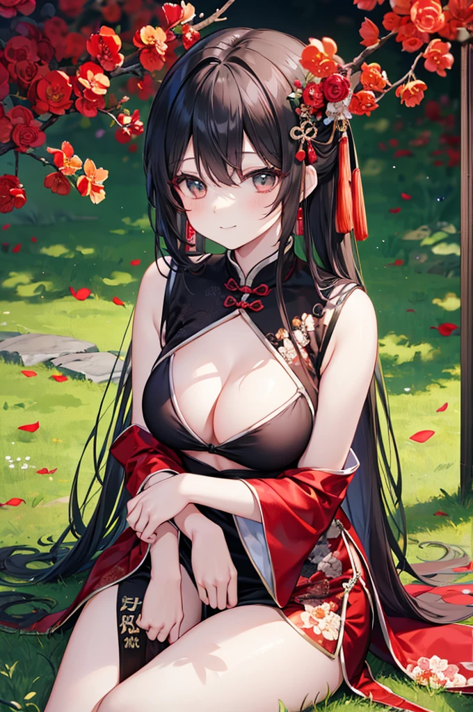 Beautiful Chinese girl，Wearing Hanfu，Wearing black stockings，（transparent），Black long hair，watcher，Upper Body，Sitting on the grass，Lovely，A slight smile on the face，Large bust，Beautiful breasts，Delicate breasts，Cleavage highlights，（Slim legs:10.0)，Peerless Beauty，Wearing Chinese ancient jade hairpin jewelry，Red leg