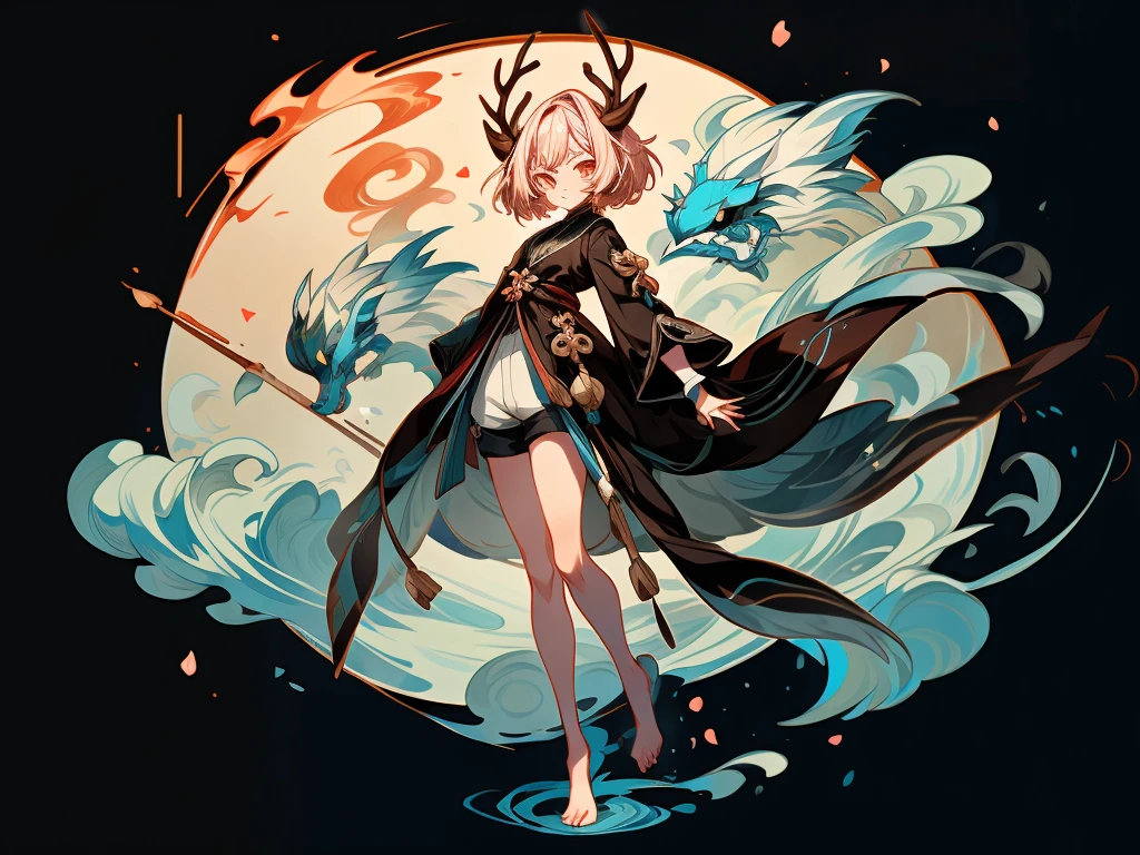 [ role conception ], Female characters, Nature of the adoptee, Half deer, 1 Girl, Royal bangs, short hair, Bloody Ball, Tanned skin, Light pink hair, Vulnerable, There is a glowing sphere floating above your head, Brown eyes, Blood Mage, Crazy smile, Eye bags, Lovely, depressed, My feet are covered in blood, Deer legs, Full Body Committee, dnd Role, underwater doe, 全身role conception, 有趣的role conception, very 风格化的role conception, Full body shot, antlers, water确实, 完成role conception, 高品质role conception, 详细的role conception, 风格化的role conception, Detailed full body concept, role conception艺术, 出色的role conception, Concept Art, Role List, Fantasy theme, Shota, Kaimonomimi, water, Lovely style, Ocean Theme, blue, Glowing eyes, Highly detailed equipment, multiple views, Back & front, Clothing details, short, shorts, icon, antique, Magic Mechanics