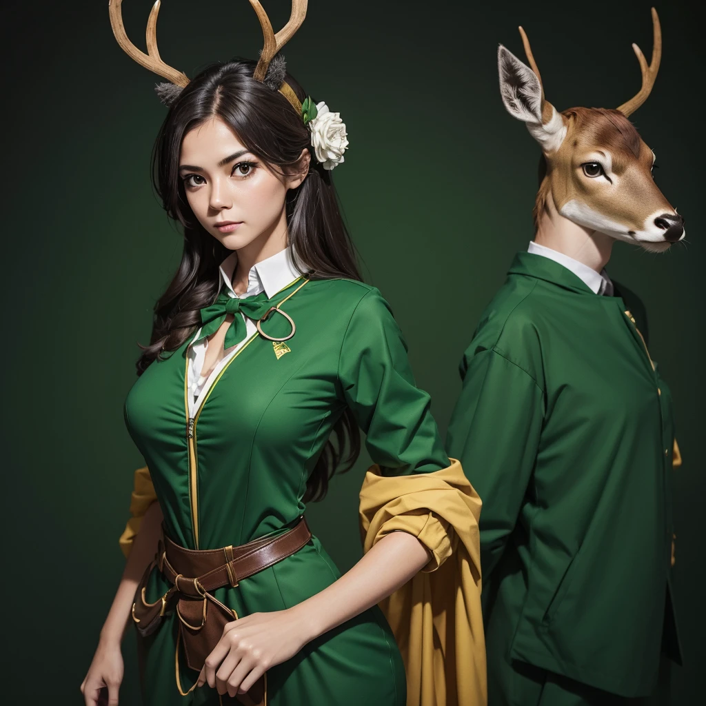 Generate an image of a female public relations activist dressed in a deer cosplay costume, with a serious expression, standing upright and facing directly forward in a chest-up portrait style, resembling a passport photo. She is wearing green clothing. Ensure the background is simple to highlight her presence.