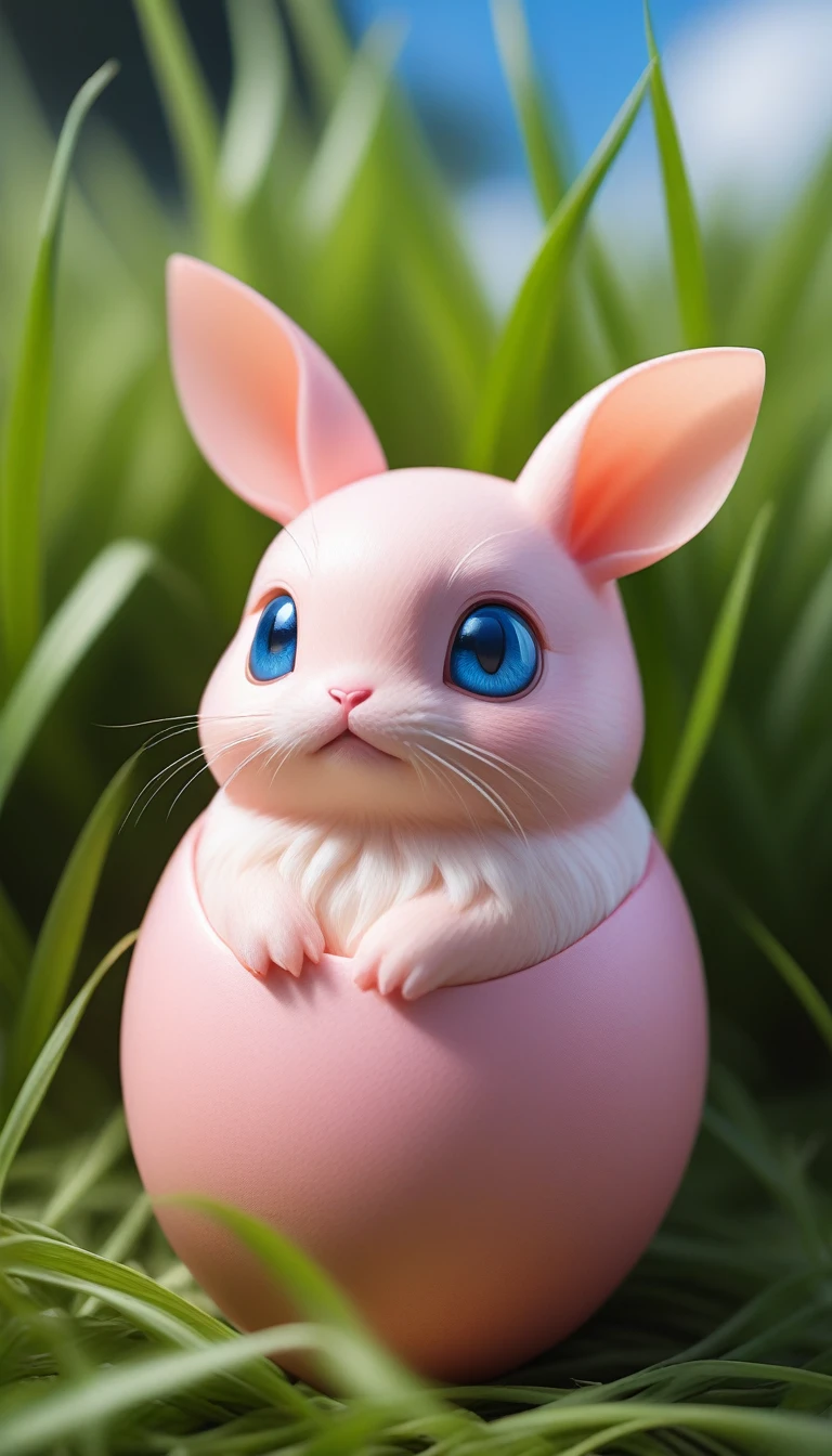 a cute realistic Pukurin, Pink egg-shaped animal、cute雰囲気, Blue eyes、The ears are long and pointed、Hair is not growing、Smooth Skin、Pink hair on the forehead、8K resolution, Ultra-detailed, Volumetric lighting, Exquisitely crafted, Perfect composition, beautiful, Hyperrealism, Fantasy, cute, Grass, Pokemon, Sharp lens, Photorealism、Pukurin