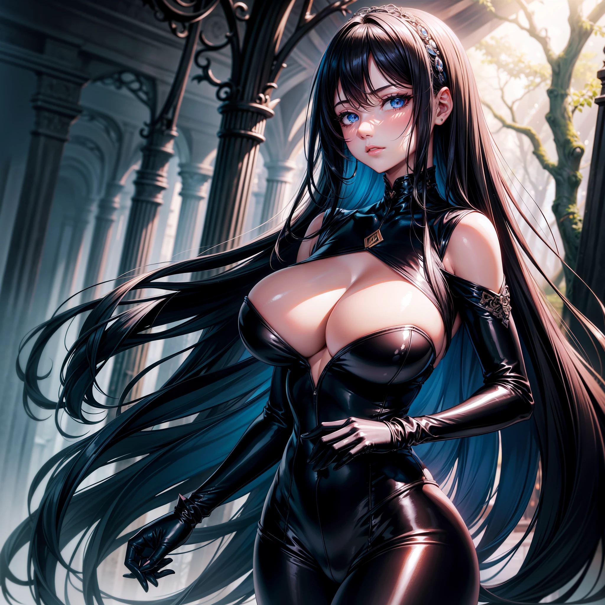 very detailed face, detailed clothing, detailed fabric, 1 woman, perfectly drawn body, huge breasts, sexy pose, beautiful face, long black hair, blue eyes, very detailed eyes, pink cheeks, shy expression, (Shiny black tight bodysuit), black gloves, gloves covering hands, Sensual lips , dinner de invierno, Show details at a glance, View from the front, looking at viewer, dark road, Dark Forest, dinner, atmosphere, Fog