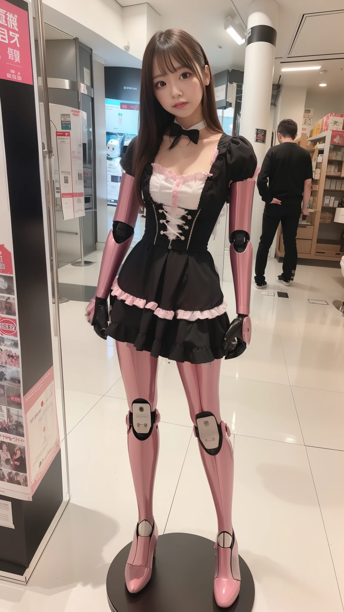 promo photo, waitresses, Gothic Lolita half costume and maid costume, Clothes based on white and pink, robot
