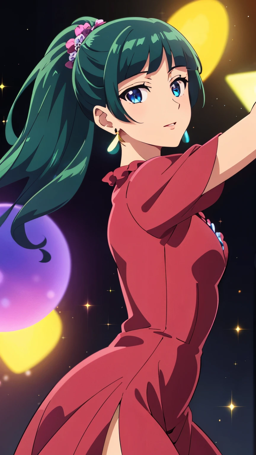 Top quality (8k, high resolution, masterpiece: 1.2), super detailed, anime art style, dynamic angle, (red, pink, Western style dress, party venue), detailed green hair, detailed blue eyes, intricate hairstyle, long hair , slim body, sparkling eyes, youthful, hair accessories, earrings, half-updo, slightly dull bangs, detailed lighting, bright colors, looking at the viewer, in the center of the image, cowboy shot,