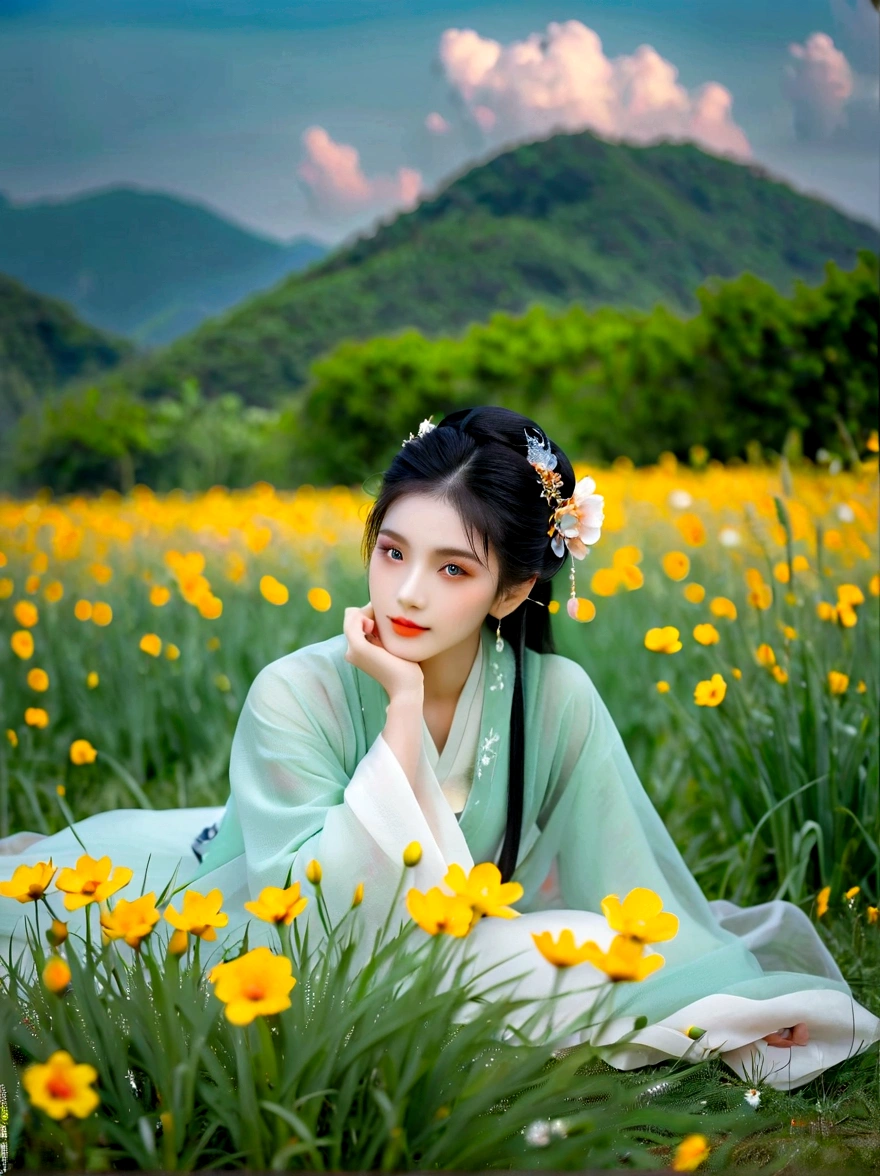 spring，1girl，((beautiful eyes))，((Perfect and refined limbs))，Sitting，在Grass地上，tent，flower，outdoor，Tree，landscape，daytime，Sky，cloud，Grass，橙flower，白flower，nature，Vague，红flower，(masterpiece，Best quality:1.2)，lifelike，Reality，梦幻般的Light芒，错综复杂的detail，Ultra Detailed，detail，High contrast，美丽细致的Light芒，Bright，更多detail，精细发Light，very fine 8K CG wallpaper，Depth of Field，Abuse of color difference，Soft colors，非常精致的Light线，眩Light，Light，Light粒子，reflection，
