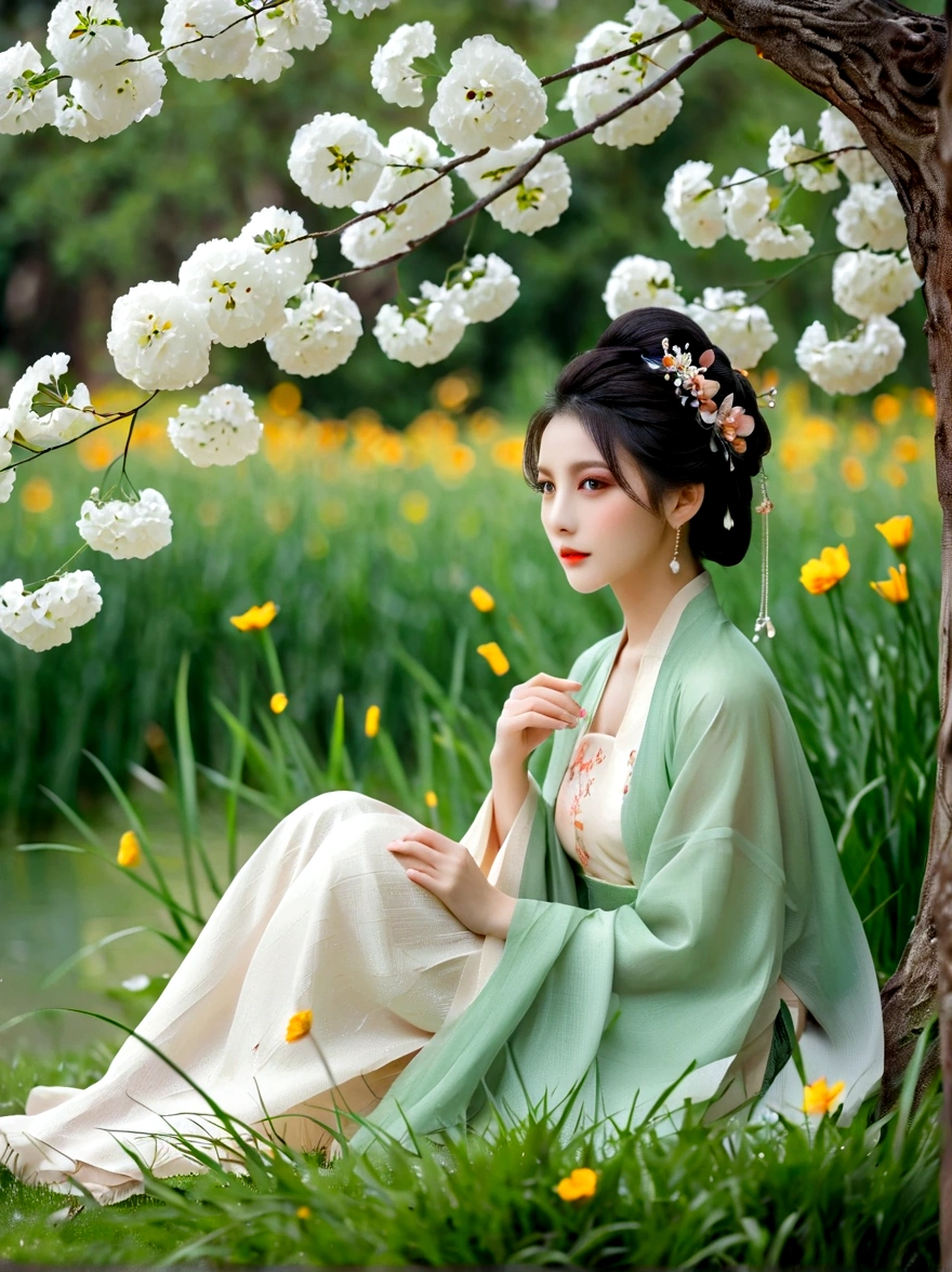 spring，1girl，((beautiful eyes))，((Perfect and refined limbs))，Sitting，在Grass地上，tent，flower，outdoor，Tree，landscape，daytime，Sky，cloud，Grass，橙flower，白flower，nature，Vague，红flower，(masterpiece，Best quality:1.2)，lifelike，Reality，梦幻般的Light芒，错综复杂的detail，Ultra Detailed，detail，High contrast，美丽细致的Light芒，Bright，更多detail，精细发Light，very fine 8K CG wallpaper，Depth of Field，Abuse of color difference，Soft colors，非常精致的Light线，眩Light，Light，Light粒子，reflection，