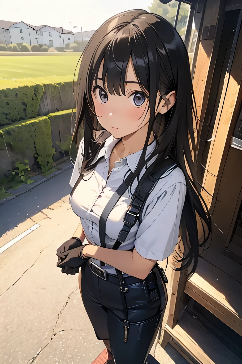 high quality, masterpiece, Ultra-high resolution, (realism: 1.4), Oil painting style, Cinema Lighting, An endless grassland dotted with a few houses, I stood on the empty asphalt road and looked at it., Fairy Mountain々was shrouded in mist, And the suspenders with the cranes flying Large Breasts Small face holster Lying in bed Looking up Sweat belt summer 脇Sweat Black Hole Gloves suit shirt Black jacket Black trousers Leg Links ズボンにbelt holster Hands behind your back Anxious expression Looking up Anxious face