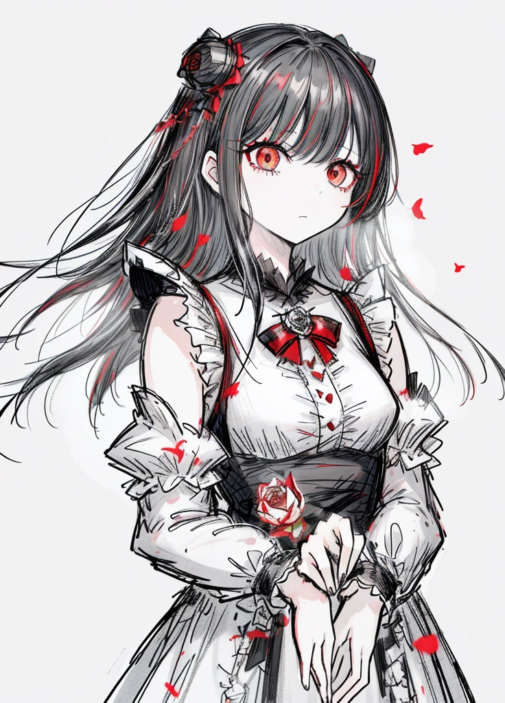 1girl, black hair, (red eye) ,red rose, Red bow, black noble dress ,pale skin,
(high resolution, high detail, best quality), mysterious, elegant