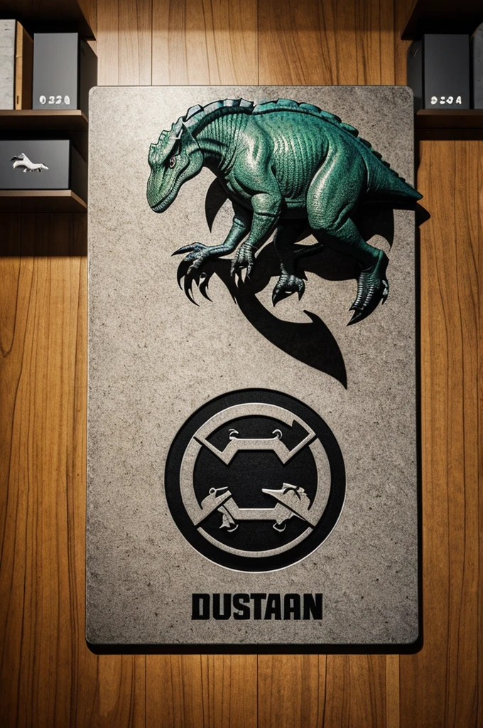 A logo that has a square in the center of the square, a dinosaur enclosed in a circle with a claw in the right corner of the square and that inside the square at the bottom has the name HAT