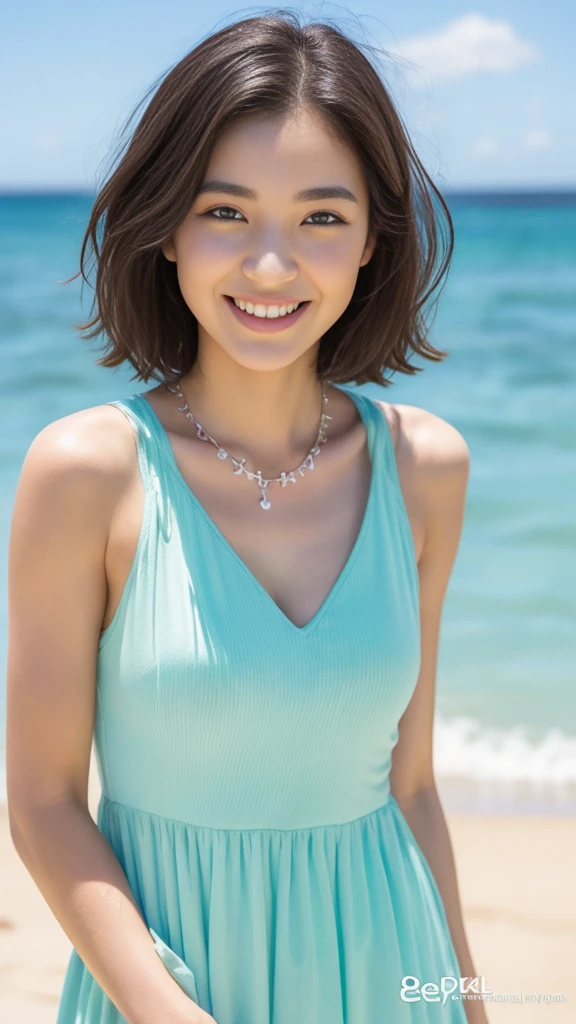 (Top quality, 8K, Masterpiece: 1.3), pull angles, full body, lens used f/2.8, 50mm, camera Sony, beautiful woman, one girl, slender abs: 1.1, short blond hair, (full body, down to feet: 1.2), super detailed face, very detailed lips, detailed eyes, double eyelids, Necklace, watch chosen as accessory, cute summer dress, beautiful beach background, very detailed face and skin, detailed eyes, double eyelids, expression best smile." Translated with DeepL.com (free version)