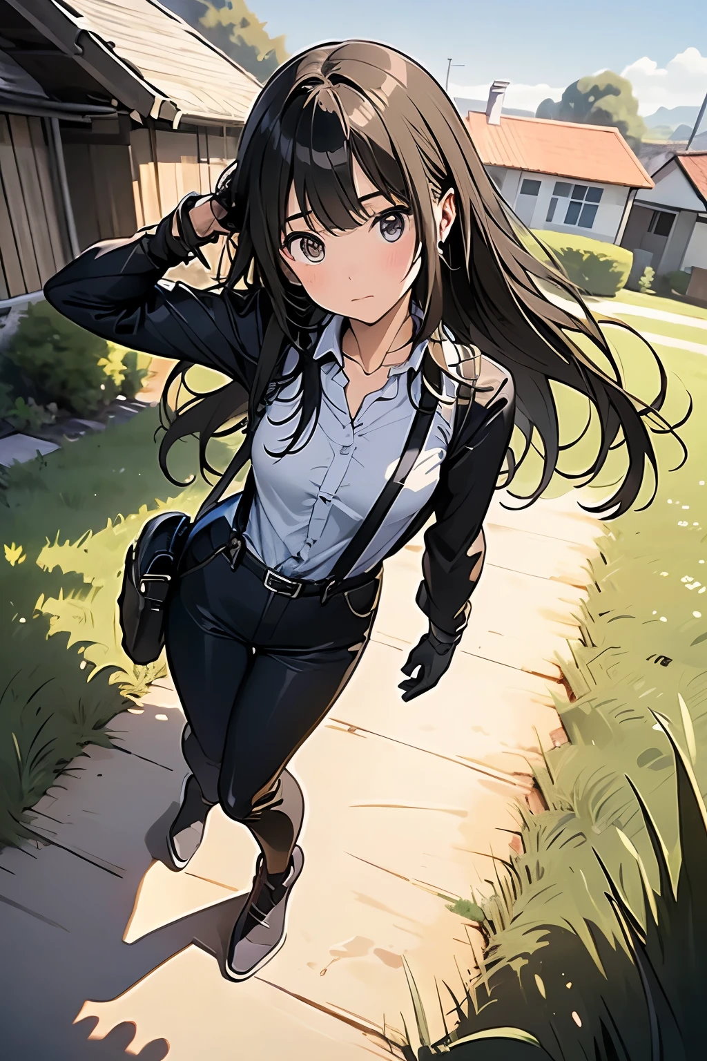 high quality, masterpiece, Ultra-high resolution, (realism: 1.4), Oil painting style, Cinema Lighting, An endless grassland dotted with a few houses, I stood on the empty asphalt road and looked at it., Fairy Mountain々was shrouded in mist, And the suspenders with the cranes flying Large Breasts Small face holster Lying in bed Looking up Sweat belt summer 脇Sweat Black Hole Gloves suit shirt Black jacket Black trousers Leg Links ズボンにbelt holster Hands behind your back Anxious expression Looking up Anxious face