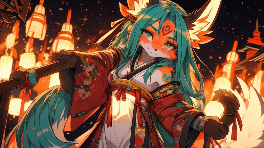 Miku Hatsune 18 year old girl, add high definition_detail:1, blue fur,kitsune ears, japanese tattoo art add_detail:1, arms in the air, japanese samuray costume add_detail:1, glowing body