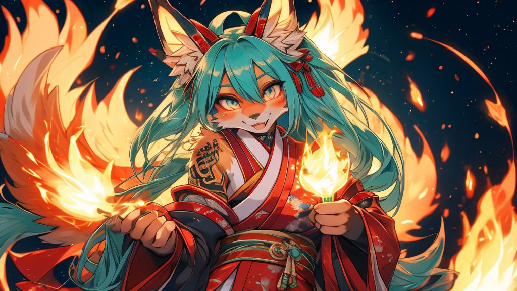 Miku Hatsune 18 year old girl, add high definition_detail:1, blue fur,kitsune ears, japanese tattoo art add_detail:1, arms in the air, japanese samuray costume add_detail:1, glowing body
