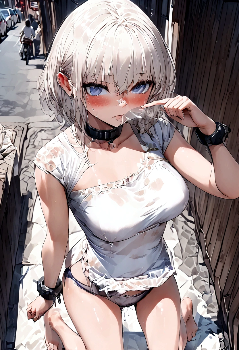 Anime. Girl. Cutie. Slave. Dirty tunic. Torn tunic. Slave collar. Shackles. Barefoot. Cold. Runny nose. Nasal mucus. Snot flows from the nose. Sneeze. Sneezing. Strong, desperate desire to sneeze. She sneezed. Snot flowed from the nose when sneezing. Handkerchief. Cover your nose with your hand. Blows his nose. Urinary incontinence. Urination. Urine. Strong urge to pee. She pees on the floor. She peed herself. Diarrhea. Defecation. Poop. Strong desire to poop. She pooped in her panties. She shit herself. Standing. Slave market. Sneezing fetish. Omorashi. Scat. Full height. Whole body. A high resolution. Ultra resolution.