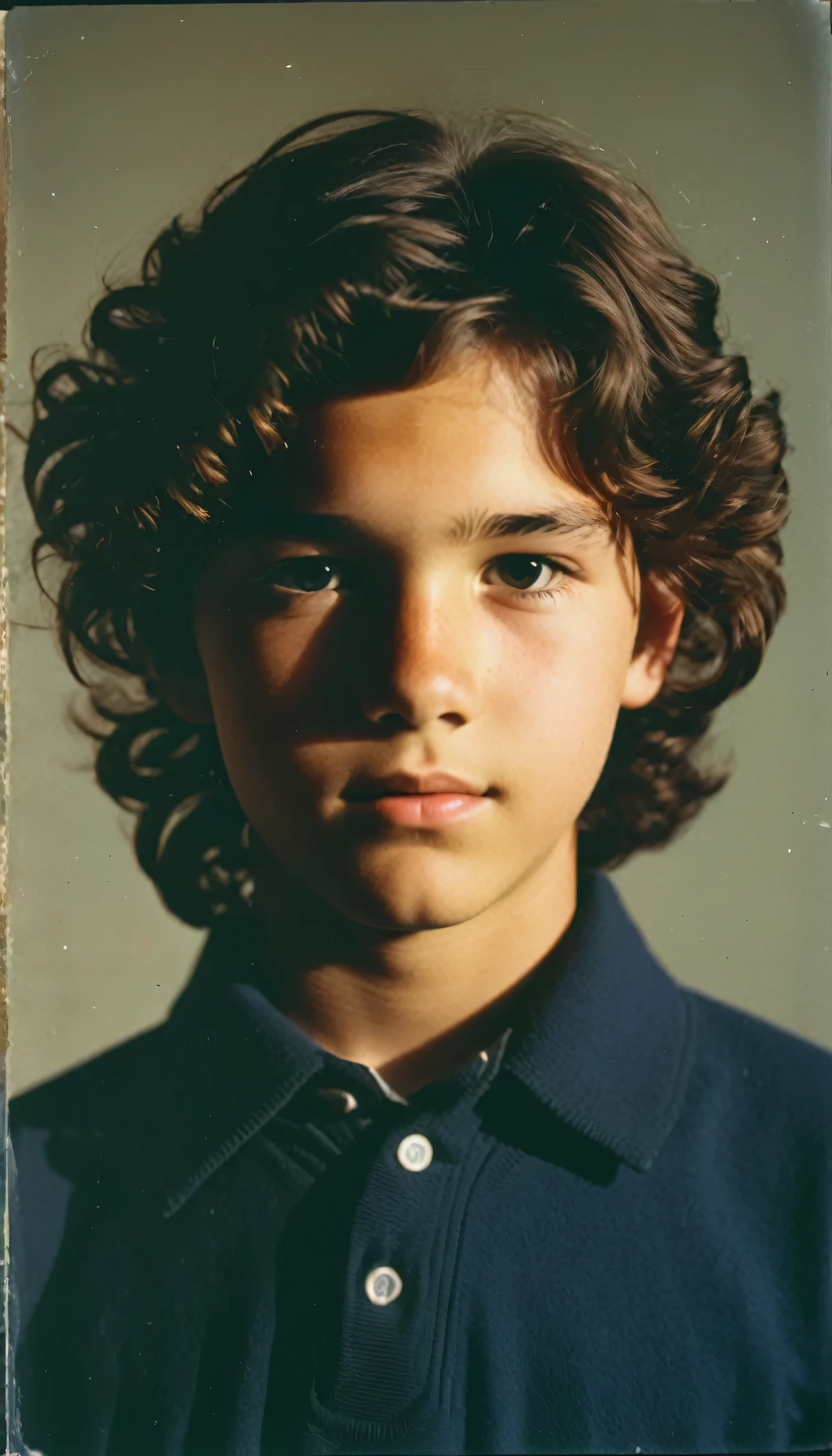 analog film photo, modern day photo of a young student, 13 years-old, male, brown-black hair, long curly hair, brown eyes, caucasian, round face, oval-shaped jawline, bulbous nose, full lips, thick eyebrows, soft features, stocky broad frame, chubby, fat, resembles a young Dean Cain, (relaxed school uniform:1.1), silhouette, backlit, split lighting, half face in shadow, RAW Photograph, dslr, hard lighting, hard shadows, high quality, film grain, Fujifilm XT3, detailed skin with visible pores, insane details, masterpiece, 8k, 35mm photograph, dslr, kodachrome, faded film, desaturated, 35mm photo, grainy, vintage, Kodachrome, Lomography, stained, highly detailed, found footage, yearbook portrait, contemporary, 2024