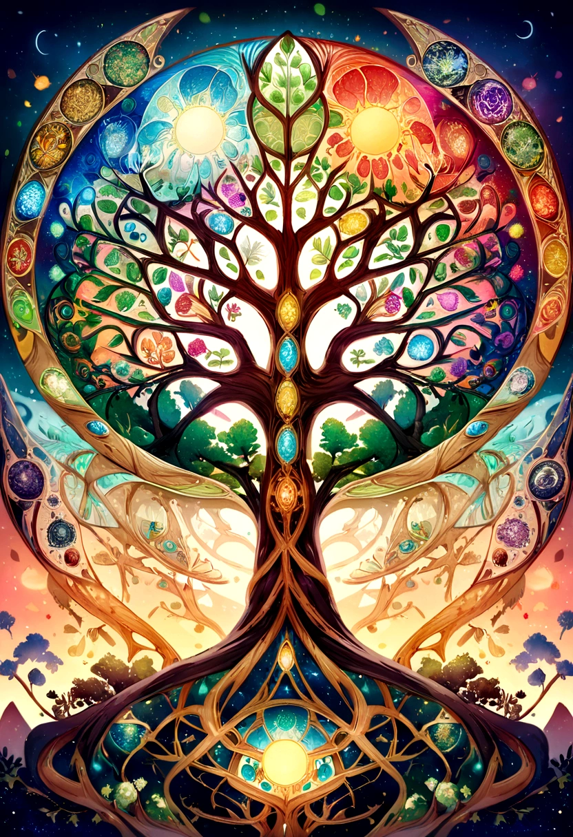 there is a picture of a tree with many different colors, tree of life seed of doubt, world tree, tree of life the world tree, cosmic tree of life, the tree of life, yggdrasil, a beautiful artwork