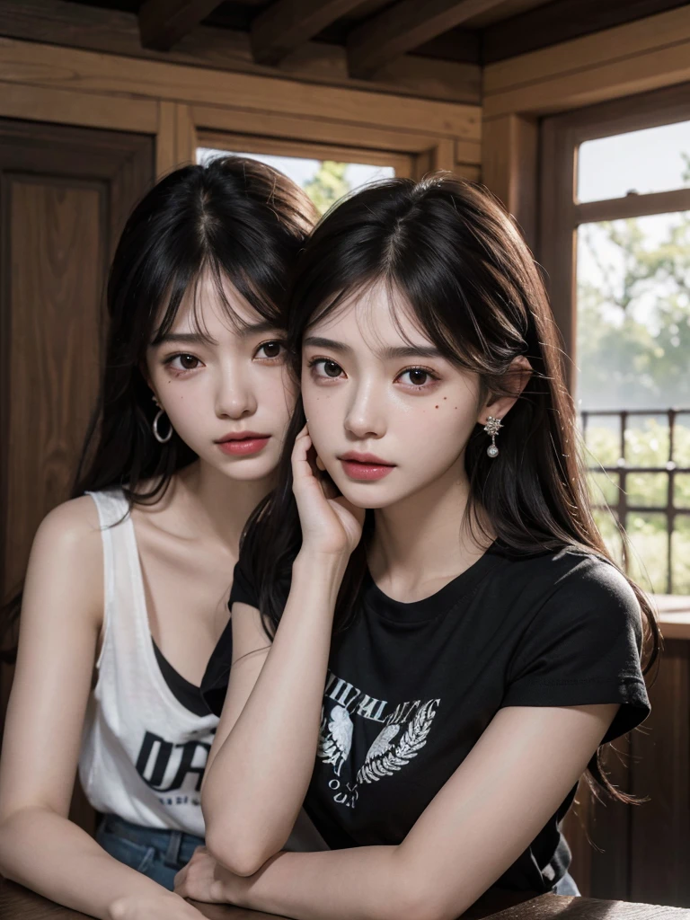 absurdres, RAW photo, extremely delicate and beautiful, masterpiece, Best Quality, ultra high resolution, 32k, hyperrealistic, ultra-detailed, delicate facial features, beautiful detailed woman, tearful mole, earring, medium breasts, full body shot, medium hair, black hair, cap, T-shirt, baggy shorts, 2 girls,
