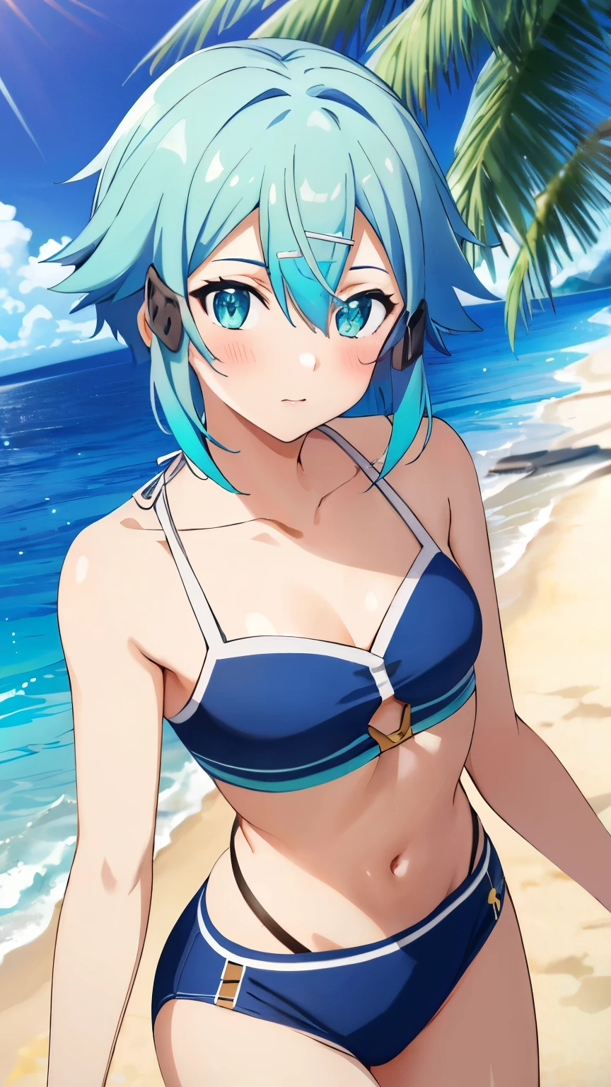 (Top Quality, Masterpiece, 8k:1.2), Ultra Detailed, High Resolution, Anime, 1 Girl, Solo, EPsoaSinon, Short Hair, Light Blue Hair, Detailed Jewel Eyes, Hair Between Eyes, Small breasts, (Hair Accessory:1.2), Hair Clip, Side Locks, Short Hair With Long Hair, (Colorful, bikini, swimsuit, Beach, Blush:1.1), dynamic Angle, Cowboy Shot,looking at viewer,