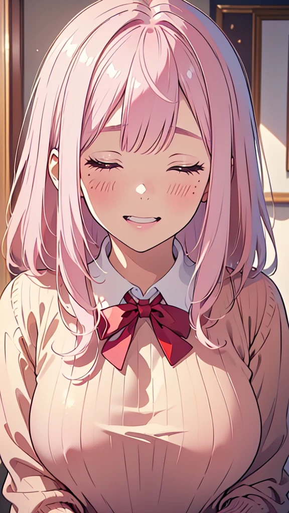 8k,(High quality:1.4),(best quality:1.4),(masterpiece:1.4),(huge breasts:1),(beautiful face:1.3),(beautiful woman:1.3),(pale pink hair:1.4),medium hair,a mole around the mouth,(enjoy:1.6),(closed eyes:1),(laugh:1.2),(burst into laughter:1.4), (squinting:1.2)(school uniform:1.1),(beige sweater:1.2),(close-up:1.2),a red bow tie,(leaning forward:1.2)