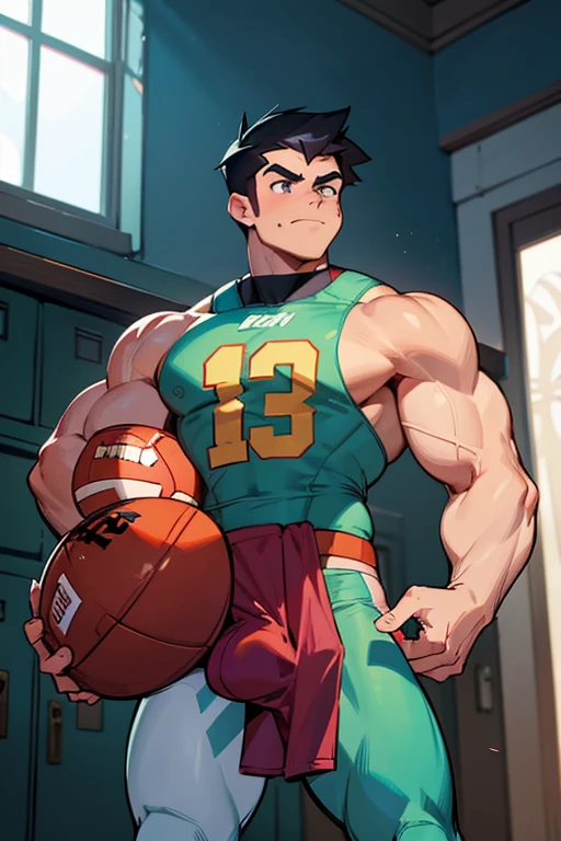 Danny Phantom, ghost, hypnosis, jock, conversion, locker room hallway, hyper muscles, jockstrap, bro, meathead, hypnotized, brainwashed, brainwashing, big dumb jock, football.  Glowing eyes. Hyper crotch bulge. Massive bulging crotch. Big balls. Big biceps. Big triceps. Big traps. Broad shoulders. Big meaty pecs. Big thighs. Thick glutes. Hyper muscles. Football team assimilation. Clothes turning into a football uniform. Danny Fenton turning into Dash Baxter. Black hair turning blonde. Twinning. Both are sneering. Cocky smirk. Dash whispering in Danny Fenton's ear. Danny Fenton obeying Dash Baxter as Dash Baxter says, "Don't worry, Fenton. You'll like being me. Now shove that nerd into the locker like a good jock. You know you want to...."