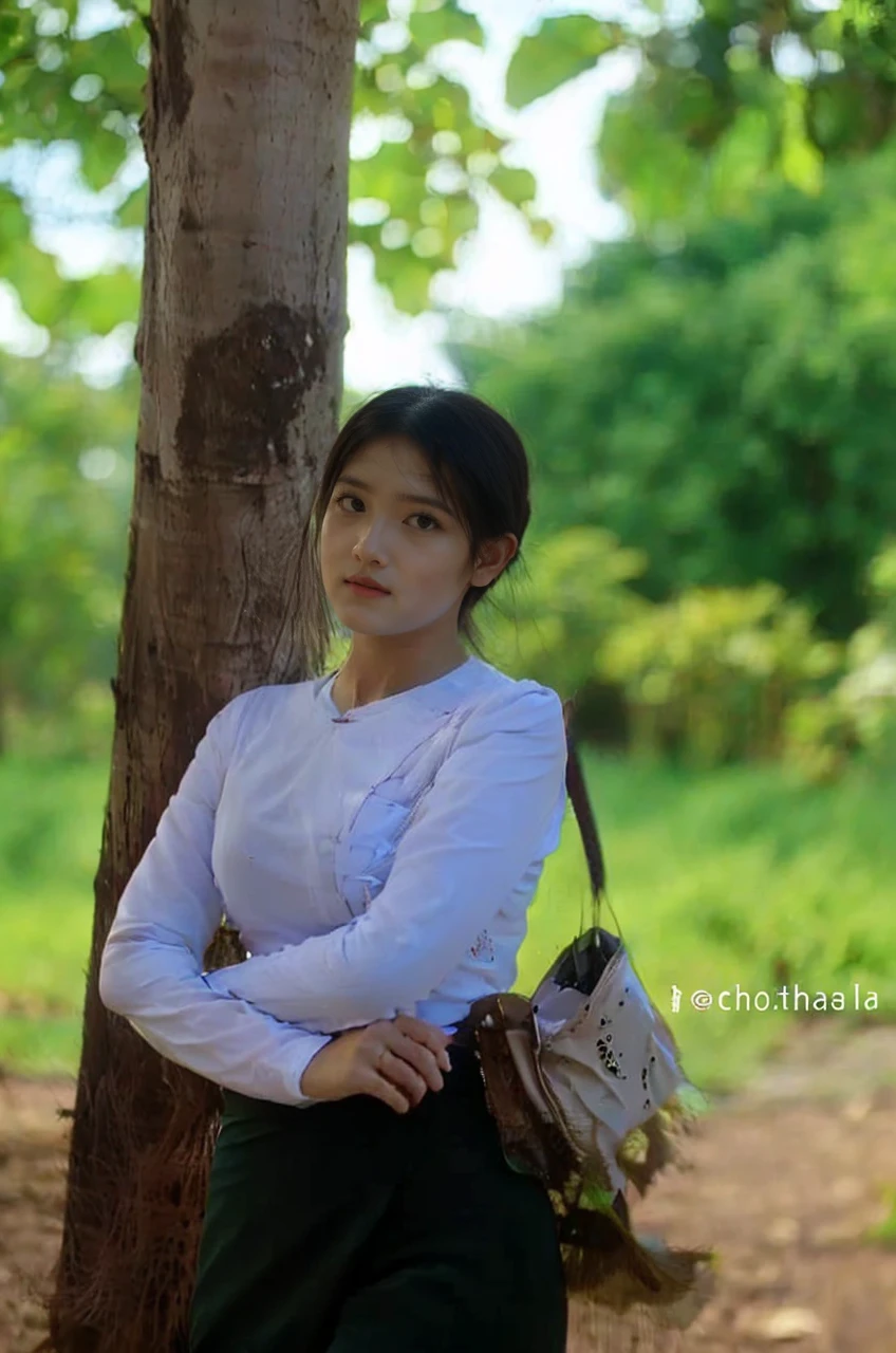 School teachers is 30years old.Tall, thin, big hips, big breasts, black hair, small lips, brown eyes, attractive, K.Top=white Burmese blouse,With long sleeves,Buttoned at the side.Bottom=(Dark green) long skirt.
Footwear=female Burmese sandals,The hair is knotted bun.Hijab