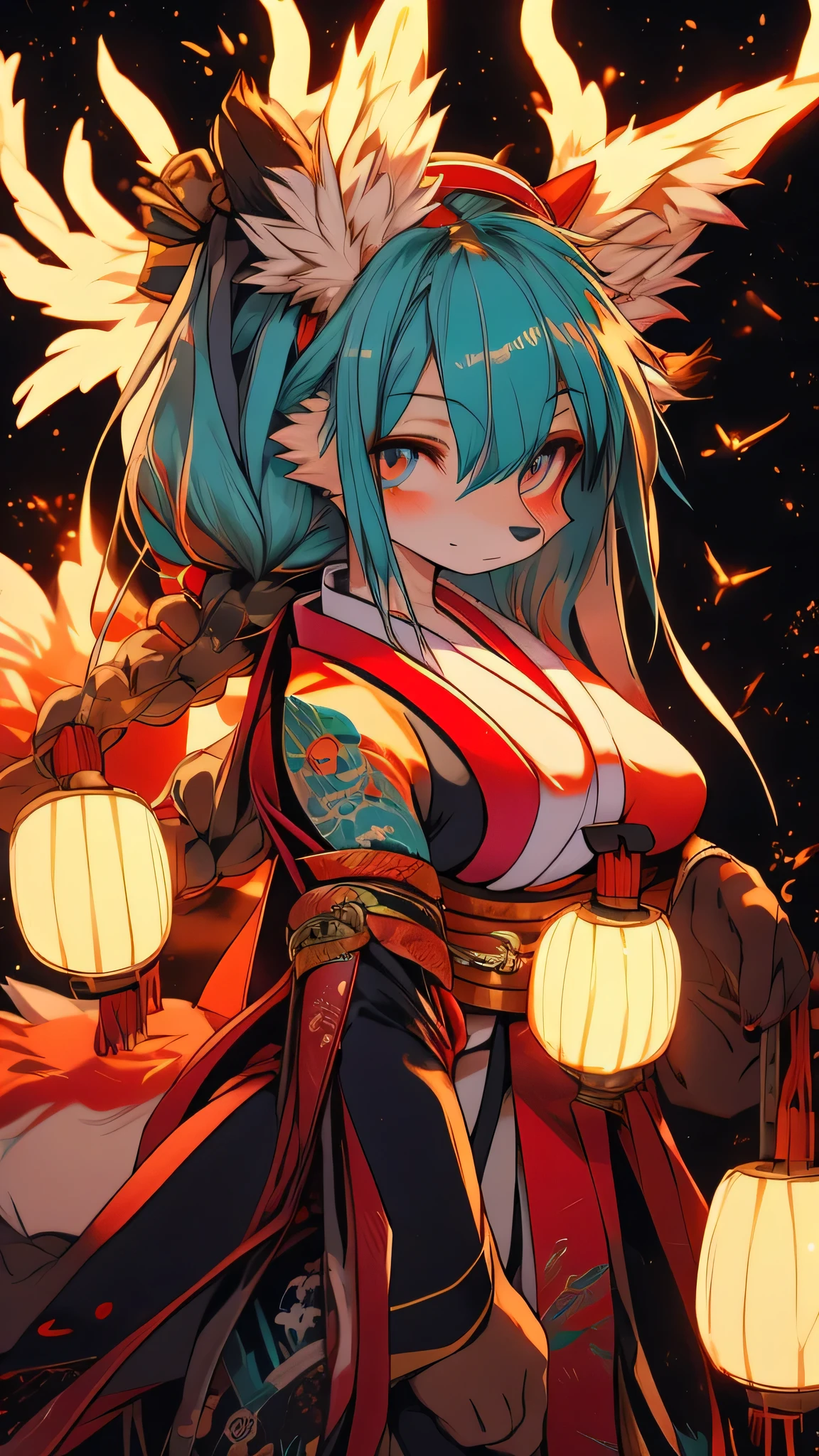 Miku Hatsune 18 year old girl, add high definition_detail:1, blue fur,kitsune ears, japanese tattoo art add_detail:1, arms in the air, japanese samuray costume add_detail:1, glowing body