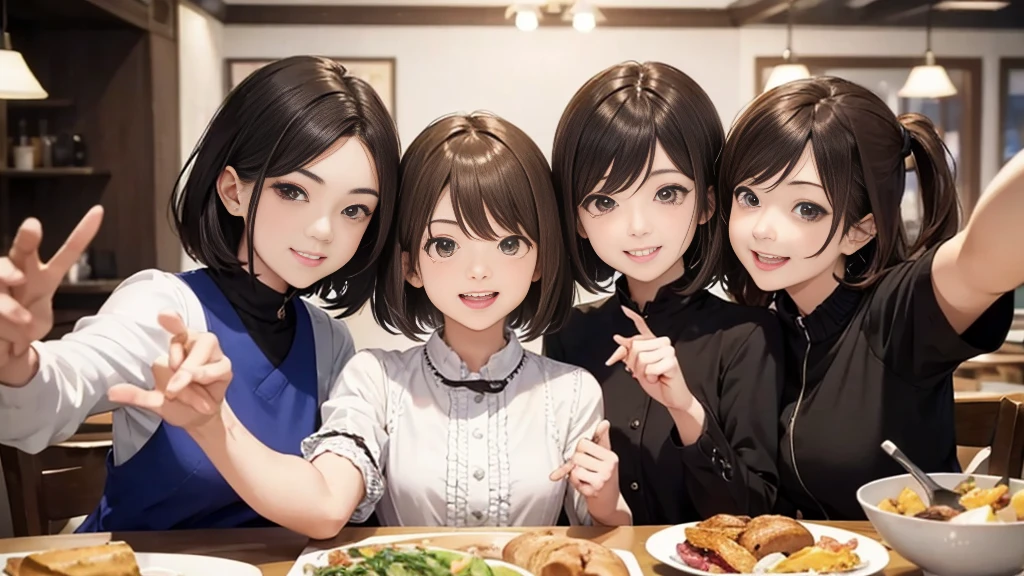 (Highest quality:1.2), Super detailed, High resolution, Tabletop:1,2, Vibrant colors, Bokeh, Professional Lighting, Physically Based Rendering, Flat Color:0.8, Great illustrations, Realistic:1.37, Shinkai Makoto style, Your name style, Light brown hair, Elegant update, Medium Short。Short Bob, Bun Hair。Hairstyles such as, Laugh together, Dynamic pose, Selfie, Upper body full sister、