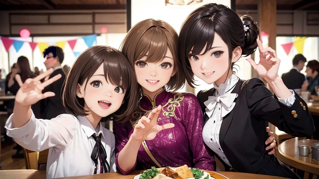 (Highest quality:1.2), Super detailed, High resolution, Tabletop:1,2, Vibrant colors, Bokeh, Professional Lighting, Physically Based Rendering, Flat Color:0.8, Great illustrations, Realistic:1.37, Shinkai Makoto style, Your name style, Light brown hair, Elegant update, Medium Short。Short Bob, Bun Hair。Hairstyles such as, Laugh together, Dynamic pose, Selfie, Upper body full sister、
