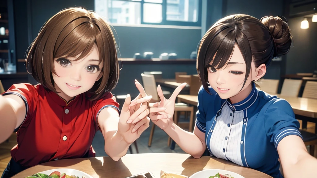 (Highest quality:1.2), Super detailed, High resolution, Tabletop:1,2, Vibrant colors, Bokeh, Professional Lighting, Physically Based Rendering, Flat Color:0.8, Great illustrations, Realistic:1.37, Shinkai Makoto style, Your name style, Light brown hair, Elegant update, Medium Short。Short Bob, Bun Hair。Hairstyles such as, Laugh together, Dynamic pose, Selfie, Upper body full sister、