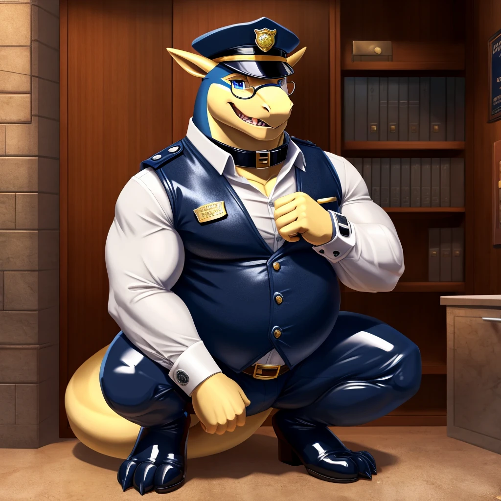 Solo, Male, fat, squatting, extremely obese, Dragon, blue eyes, (soft shading), 4k, hi res, ((detailed face, detailed)), looking at viewer, evil grin, police station, collared shirt with buttons, hat, male focus, Police Uniform, glasses, monocle, vest with buttons, sleeves rolled up, round eyewear, headwear, vest, Typhlosion is wearing a glossy leather dog collar around the neck, Dragon is wearing the leather collar and shirt and vest at the same time, Dragon is wearing glossy white rubber gloves on the hands, wearing white rubber gloves on the feet, Dragon is wearing glossy white cuffs around the wrists with cufflinks, gloves are rubber in texture, clenching teeth, clenching fists, leather collar is glossy and shiny with a lot of detail, Dragon is wearing gloves and cuffs and cufflinks at the same time, leather collar has a round dog-tag, leather collar is thick and detailed.