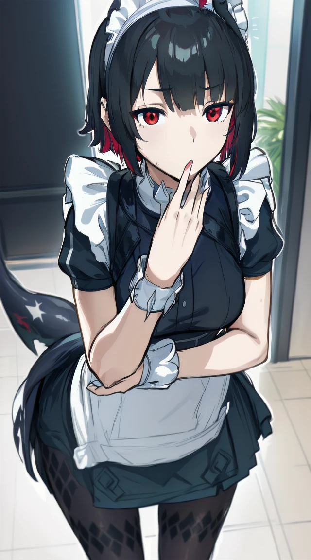 1girl,((black hair))
BREAK ((ellen joe, black hair, colored inner hair, multicolored hair, (red eyes:1.3), red hair, short hair, two-tone hair:1))
BREAK ((apron, black pantyhose, black shirt, black skirt, ear piercing, fins, fish tail, maid, maid apron, maid headdress, pantyhose, piercing, puffy short sleeves, puffy sleeves, shark girl, shark tail, shirt, short sleeves, skirt, tail, two-tone hair, wrist cuffs,,:1.4))
BREAK indoors,
BREAK looking at viewer,
BREAK (masterpiece:1.2), best quality, high resolution, unity 8k wallpaper, (illustration:0.8), (beautiful detailed eyes:1.6), extremely detailed face, perfect lighting, extremely detailed CG, (perfect hands, perfect anatomy),