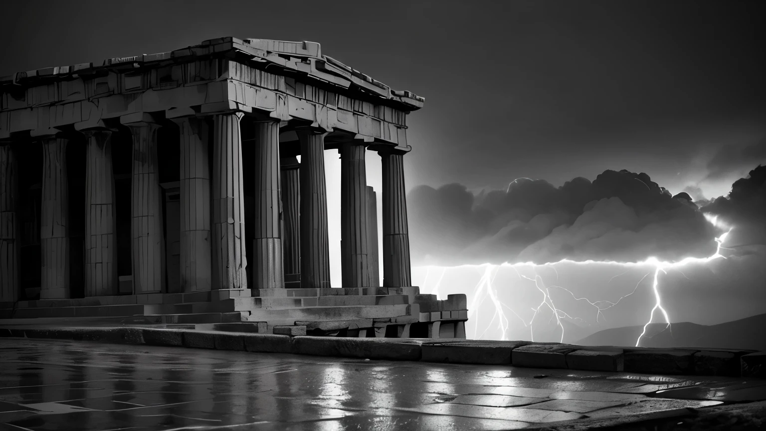 black and white colors, texture, film grain, skin pores: 0.1 RAW photo hasselblad dslr, intricate backlit dramatic portrait, Greek temple, sky with lightning, (cobblestone street) 1.2, foggy morning, shannara chronicles lotr gandalf