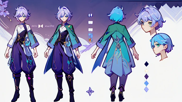 (Masterpiece, best quality), detailed, 1 woman, ((character concept art)), ((character design sheet, same character, front, side, back)), full body, body complete, 1 female, 1 women. Detailed face, character design sheet full body, Highly detailed, character sheet, character design, Many parts, pale skin, green eyes, short purple hair, male hairstyle, short male hair, lavender flower, lavender flower reference, lavender flower character reference, lavender flower inspired, male clothes, flat chest, Solarpunk, Solarpunk reference, Solarpunk inspired outfit, pants, white, gold, lavender, dark green, cyan palette.