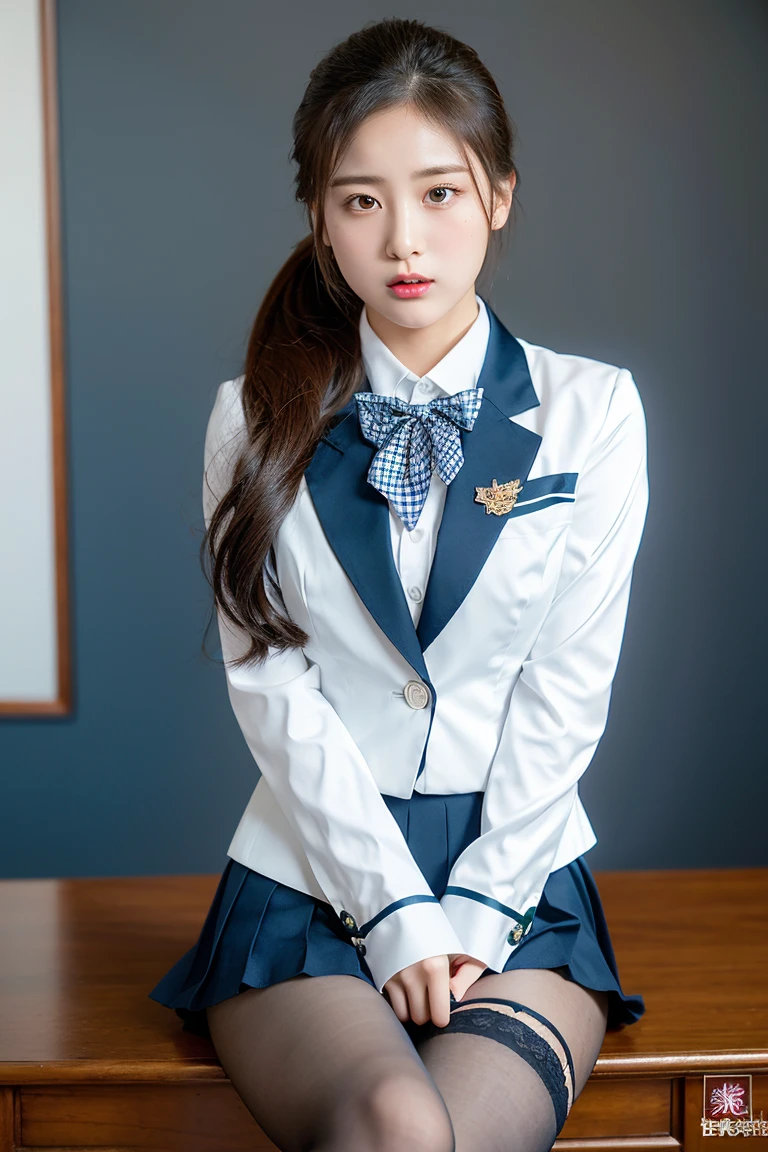 (8K), (Highest quality: 1.2), (realistic), (realistic: 1.37), Ultra high resolution, 1 woman, cute, angry face, gag, beautiful details, Beautiful nose,Beautiful hair,ponytail,thigh,college uniforms,A simple dark blue satin blazer.,White Satin Blouse,bow tie,pleated skirt,school,The cherry trees are in full bloom.,(The skirt and tie pattern is a checkered pattern using navy, emerald, and grey..:1.3),(The checkered pattern on the skirt is a bit more subtle..:1.2),(ถุงเท้าสูงถึงthighสีดำทึบ:1.4) ,Sitting cross-legged,thighにクローズアップ,Turn your gaze,