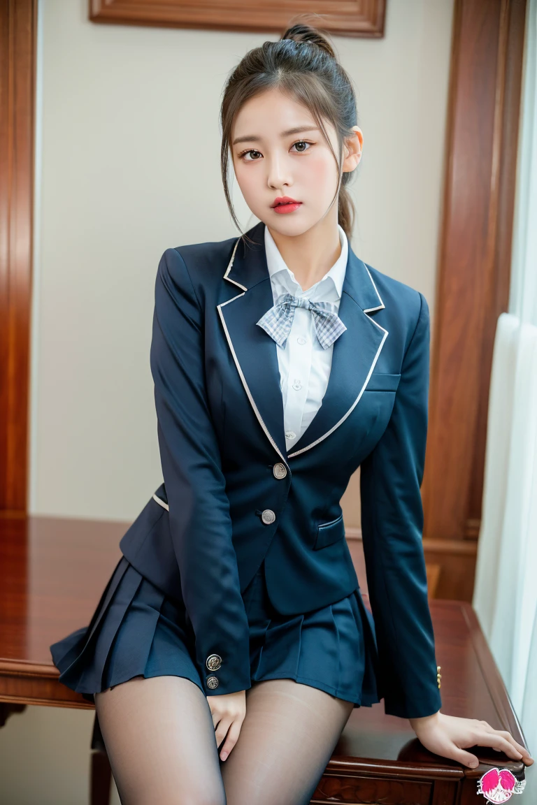 (8K), (Highest quality: 1.2), (realistic), (realistic: 1.37), Ultra high resolution, 1 woman, cute, angry face, gag, beautiful details, Beautiful nose,Beautiful hair,ponytail,thigh,college uniforms,A simple dark blue satin blazer.,White Satin Blouse,bow tie,pleated skirt,school,The cherry trees are in full bloom.,(The skirt and tie pattern is a checkered pattern using navy, emerald, and grey..:1.3),(The checkered pattern on the skirt is a bit more subtle..:1.2),(ถุงเท้าสูงถึงthighสีดำทึบ:1.4) ,Sitting cross-legged,thighにクローズアップ,Turn your gaze,