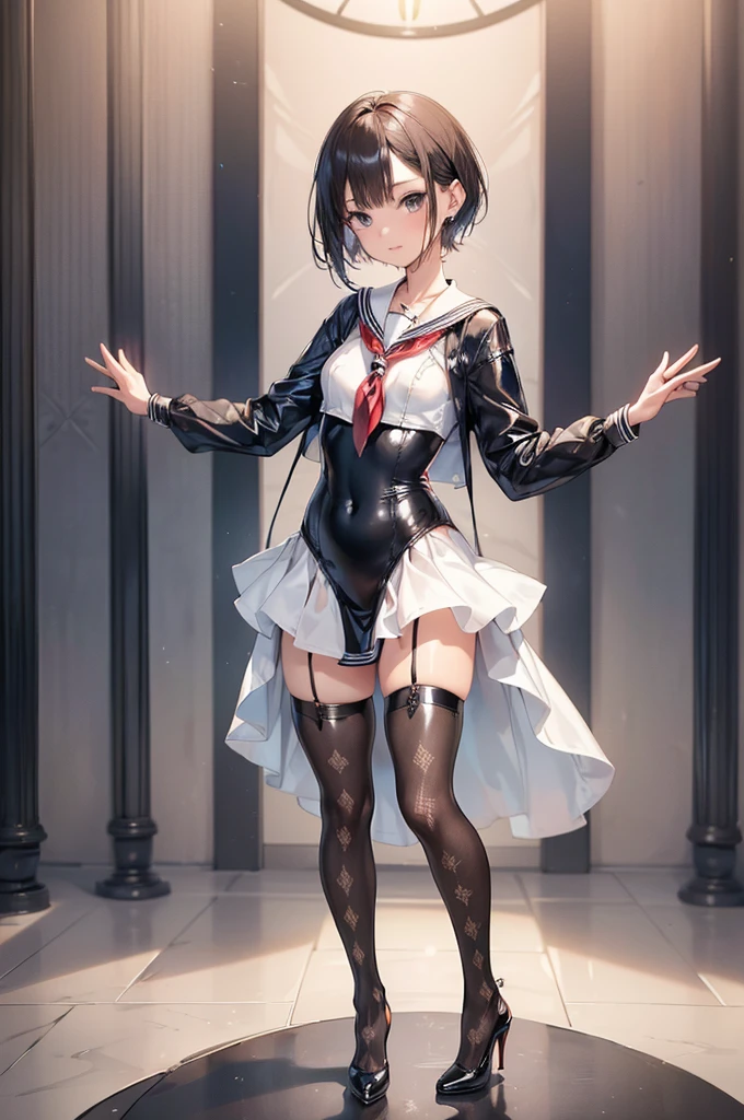 ((Biologically correct limb count)),(( From head to toe,Full-body photo including face)),4K,((Standing position)),masterpiece,((Focus on the face)),((Symmetrical facial features)),Eyes with detailed description,Beautiful woman,Great style,Beautiful arms,Beautiful legs,Beautiful Hands,(Small Ass,Thin thighs),Facial detailing,Small earrings,necklace,(Latex sailor suit,mini skirt((High heels,Patterned stockings))),((Waiting for someone to meet up)),Silk gloves,Realistic photo,Short Hair