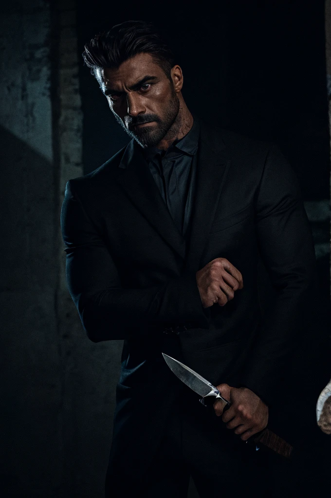 a handsome and realistic man, detailed face, striking eyes, sharp jawline, muscular build, wearing a dark suit, holding a knife, standing over a dead woman's body, murder scene, gritty, cinematic lighting, dramatic shadows, moody atmosphere, cold colors, photorealistic, 8k, intricate details, masterpiece