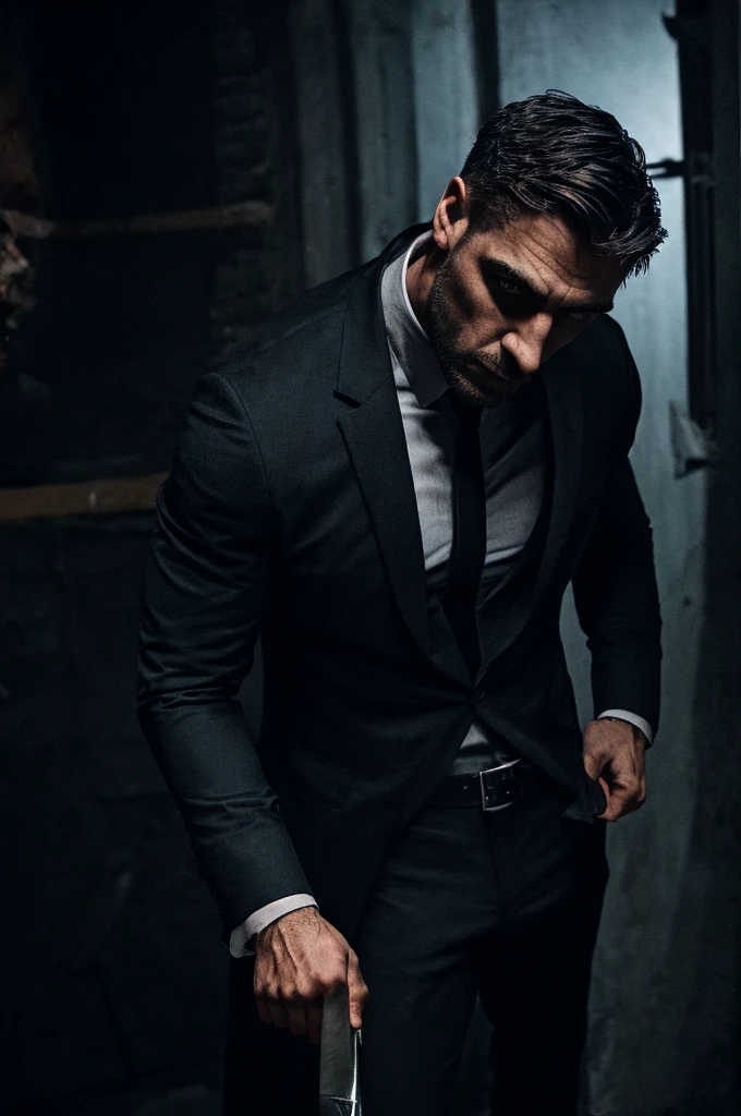 a handsome and realistic man, detailed face, striking eyes, sharp jawline, muscular build, wearing a dark suit, holding a knife, standing over a dead woman's body, murder scene, gritty, cinematic lighting, dramatic shadows, moody atmosphere, cold colors, photorealistic, 8k, intricate details, masterpiece