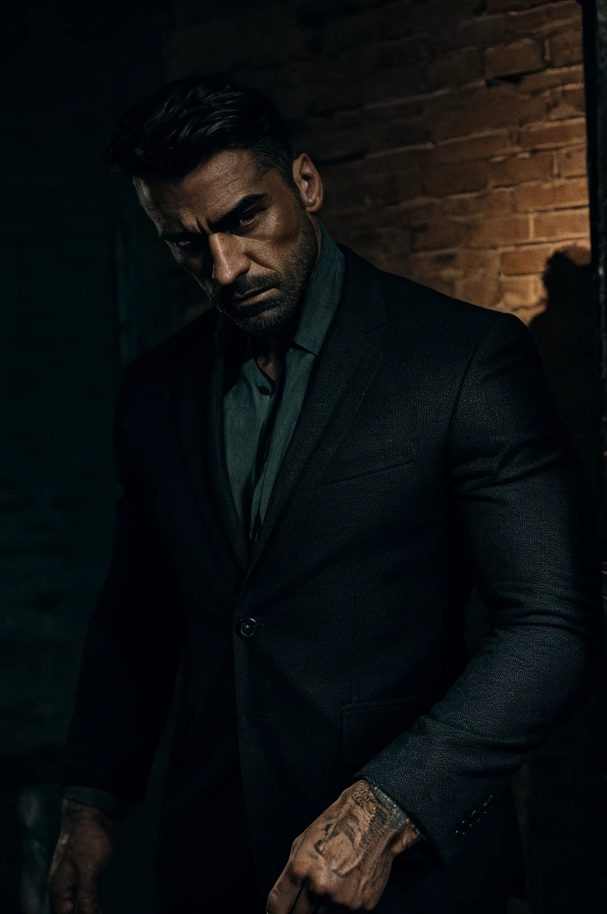 a handsome and realistic man, detailed face, striking eyes, sharp jawline, muscular build, wearing a dark suit, holding a knife, standing over a dead woman's body, murder scene, gritty, cinematic lighting, dramatic shadows, moody atmosphere, cold colors, photorealistic, 8k, intricate details, masterpiece