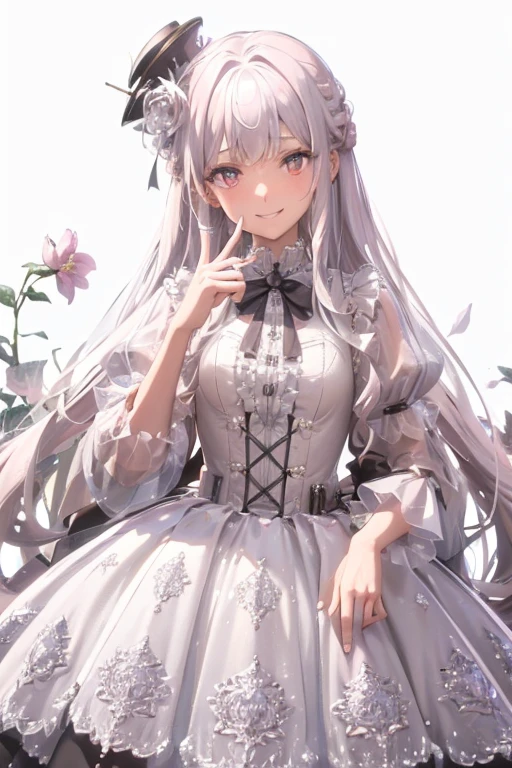 masterpiece, best quality, 1 Girl, Solitary, long_hair, Watching_exist_Viewer, white hair, Red Eyes, (((shiny Smile))), Bangs, skirt, shirt, long_sleeve, hexist, skirt, bow, Keep, close_Mouth, flower, Ruffles, hair_flower, flower瓣, flower束, Keep_flower, center_Ruffles, cap, Keep_flower束, Tai Chi E, whole body, White background,  