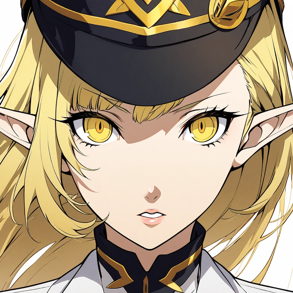 long Blonde hair, gold eyes, ,blonde hair,, {white blazer}}, looking at viewer,  elf ear, yellow eyes. portrait, flat cap portrait, Persona style. 1 girl