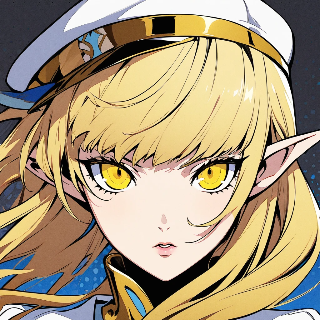 long Blonde hair, gold eyes, ,blonde hair,, {white blazer}}, looking at viewer, elf ear, yellow eyes. portrait, flat cap portrait, Persona style. 1 girl