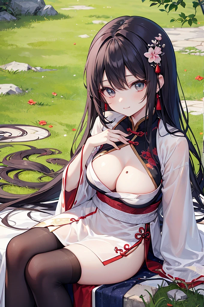 Beautiful Chinese girl,Wearing Hanfu,Wearing black stockings,(transparent),Black long hair,watcher,Upper Body,Sitting on the grass,Lovely,A slight smile on the face,Large bust,Beautiful breasts,Delicate breasts,Prominent cleavage,(Slim legs:10.0),Peerless Beauty,Wearing Chinese ancient jade hairpin jewelry,Red leg