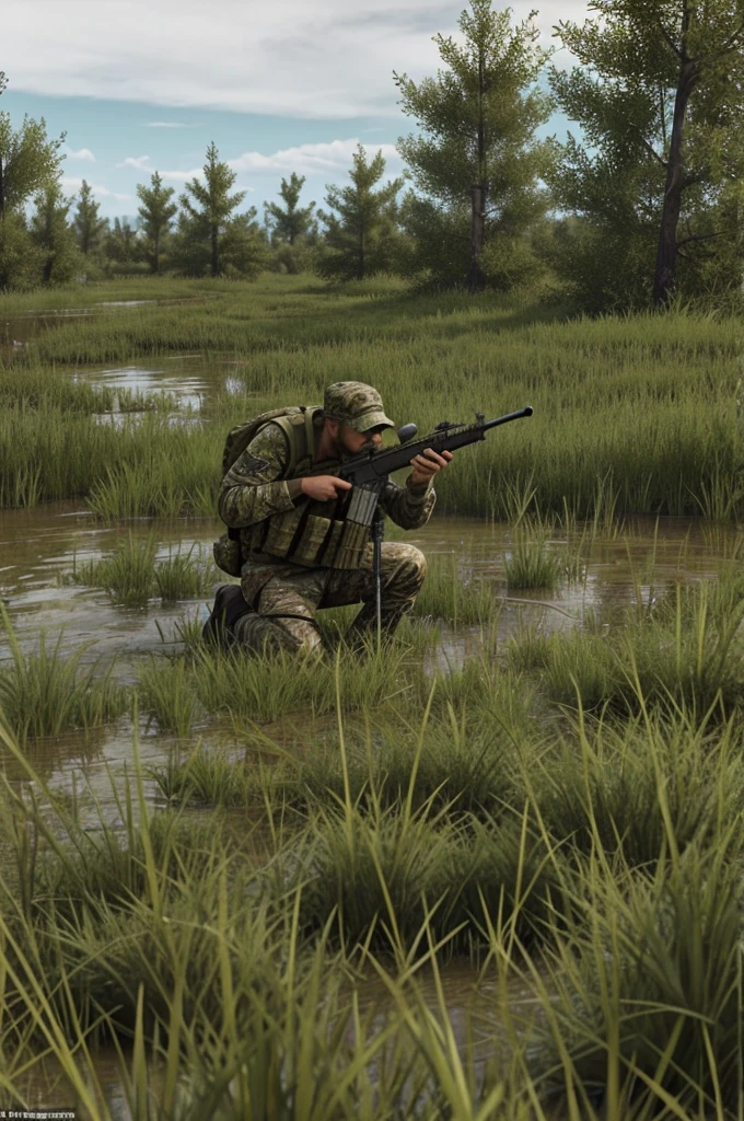 Sniper with camouflaged ghillie in realistic video game swamp 