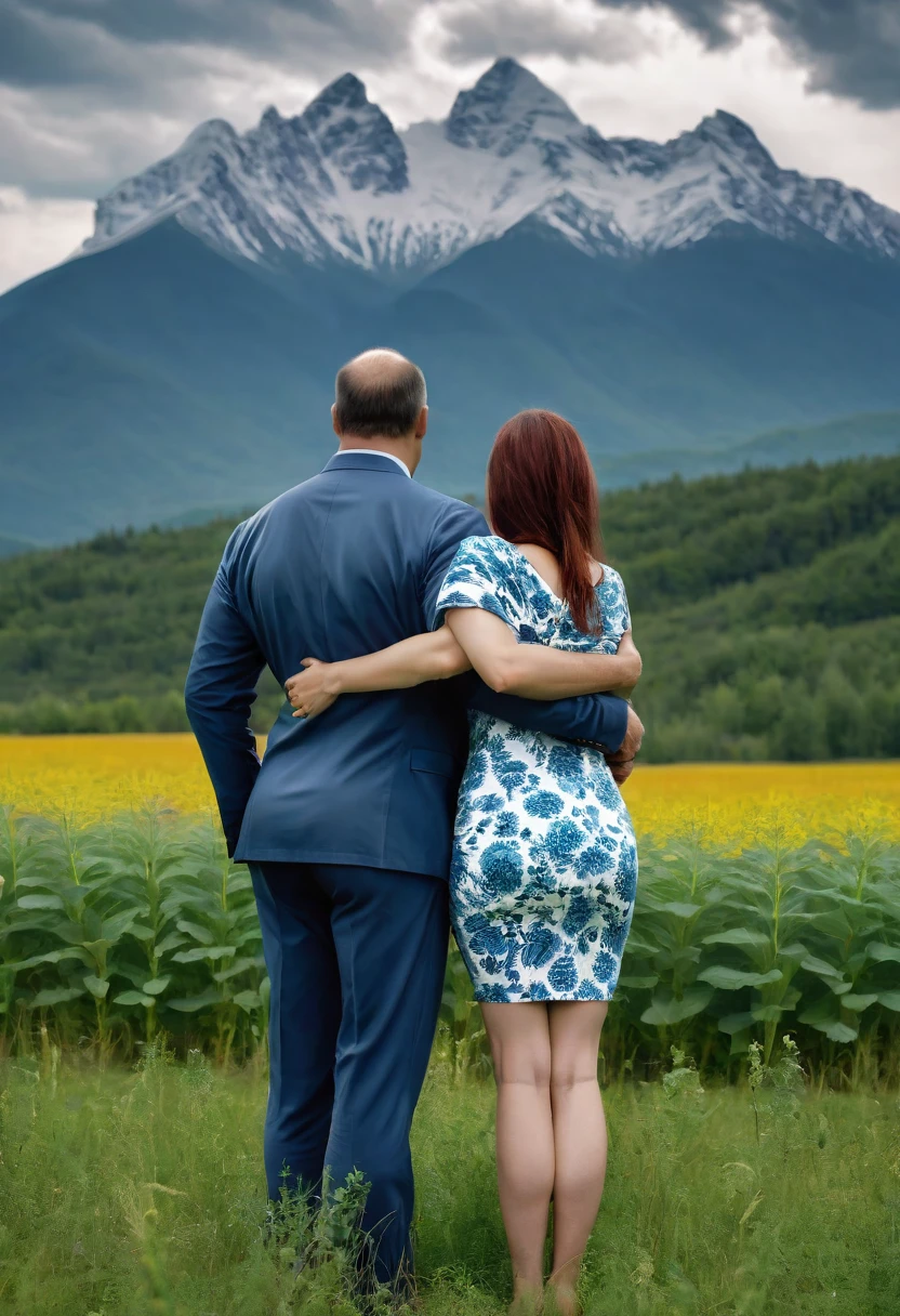 In the image, a shorter husband, as 45-year-old man, and very tall wife Sonja woman are standing in a field with their backs to the camera. The woman has her arms wrapped around the man's waist. The sky is overcast, and there are mountains in the background. The image is captured in high definition, with high contrast and high color saturation. Keywords: tall, strong, woman, Russia, swimwear, man, towering, Sonja, high definition, high contrast, high color saturation. **Note:** - You can add more details or adjust the prompt based on the given theme. - Remember to follow the prompt format guidelines mentioned above.