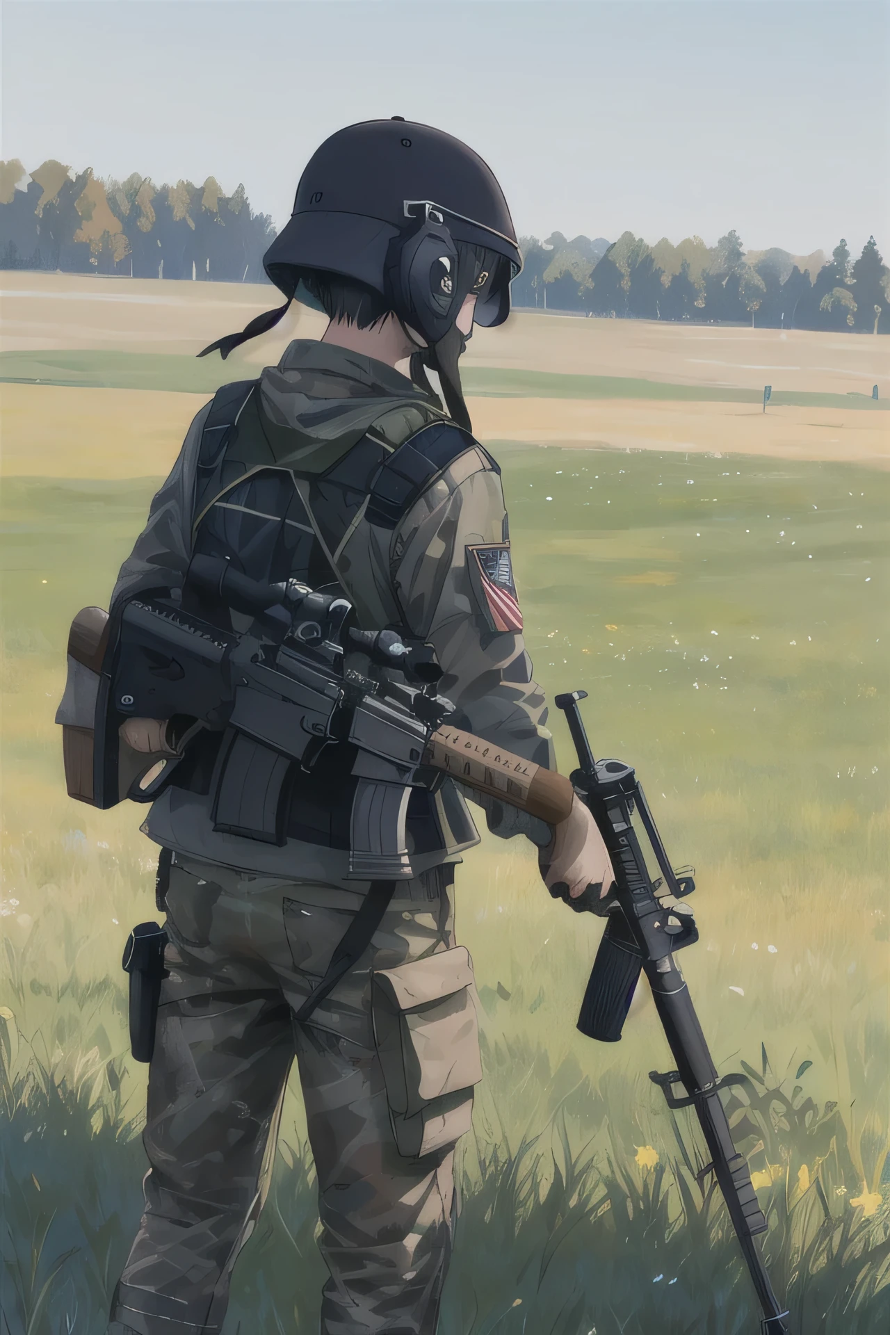 Picture of a person holding an M16 and shooting at grass.