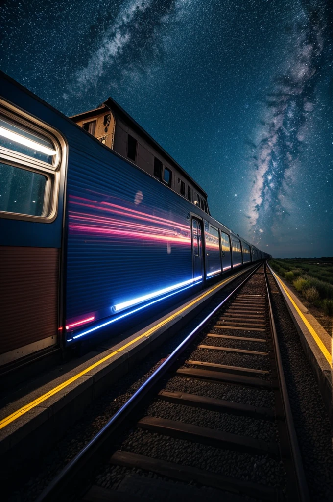 Create the image of a train car flying through space 