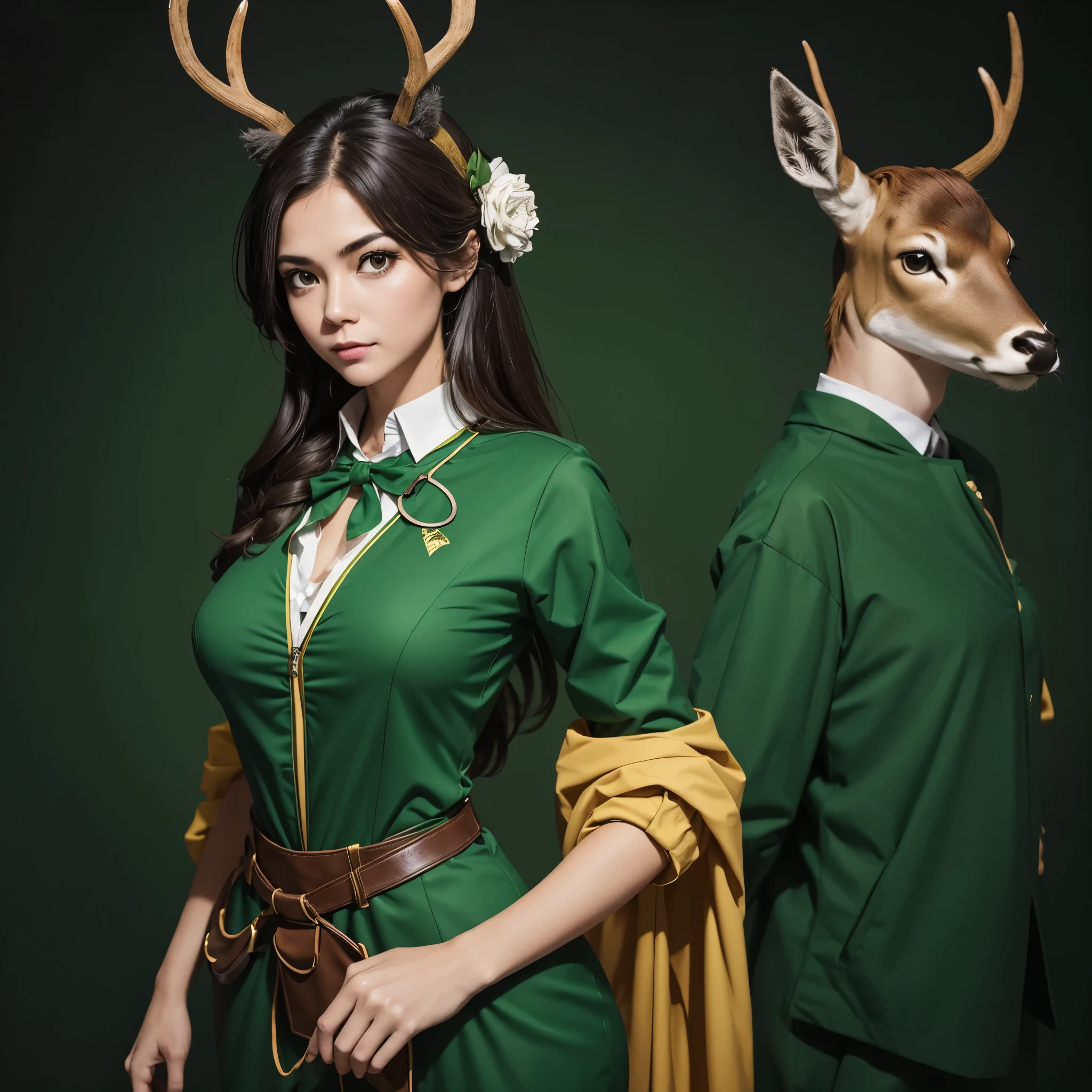 Generate an image of a female public relations activist dressed in a deer cosplay costume, with a serious expression, standing upright and facing directly forward in a chest-up portrait style, resembling a passport photo. She is wearing green clothing. Ensure the background is simple to highlight her presence.
